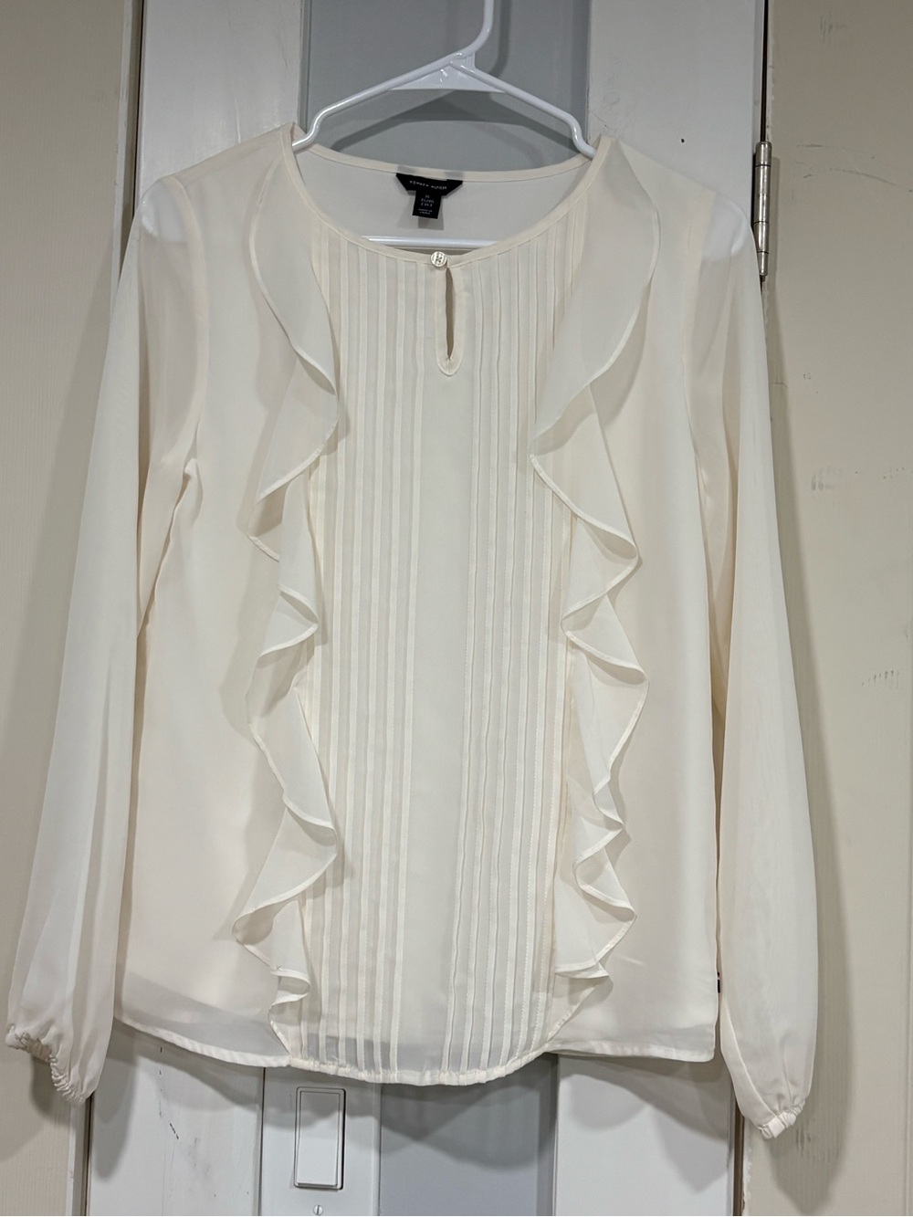 Tommy Hilfiger Women XL 16 Ivory Ruffle Pleated Long Sleeve Chiffon Blouse